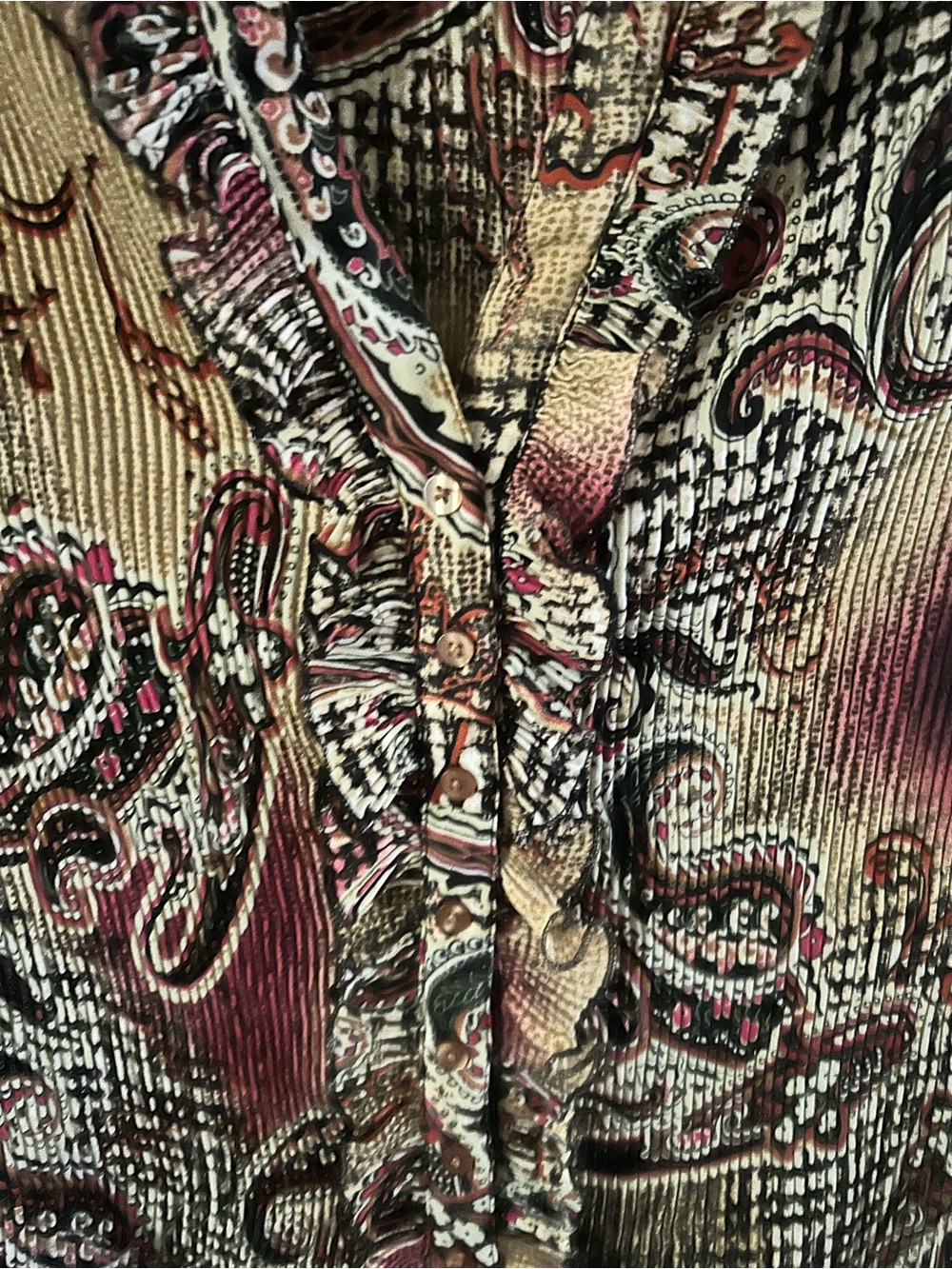Sioni Paisley Ruffle Button-Down Top - Burgundy, Beige, Black - Picture 5 of 9